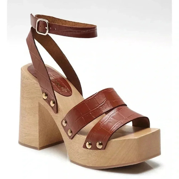 New Free People Mallory Clogs Wood Heel Sandal Shoes in Luggage Brown 11 - Picture 12 of 15